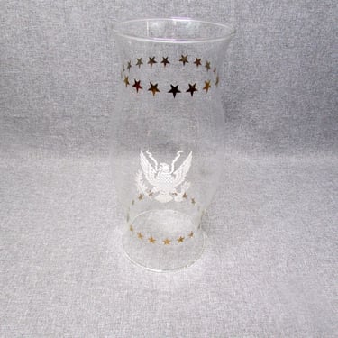 Large Vintage Blown Glass Hurricane-Etched Eagle-Gold Gilt Stars-Patriotic-Colonial-Americana 11.5" Candle Shade 