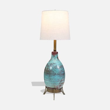 Mid-Century Glazed Ceramic w\/ Brass Tripod Base Table Lamp by Marbro