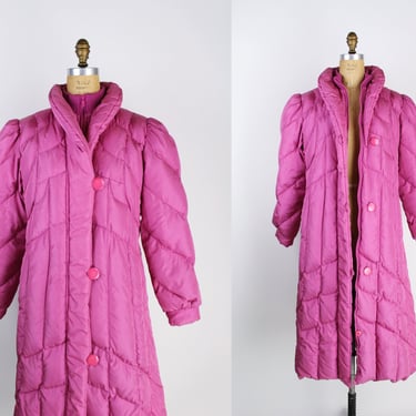 80s Pink Midi Down Coat / Vintage Puffer / Pink Puffer Coat / Puffy Coat / Double Down Coat / Maxi Coat 