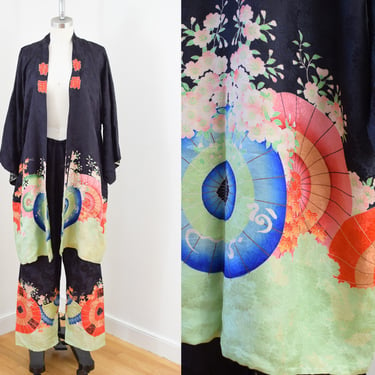 Antique 1920s Silk Pajama Robe and Pants Set | M | 20s Asian Floral and Umbrella Print Silk Robe and Lounge Pants | Beach Pajamas 