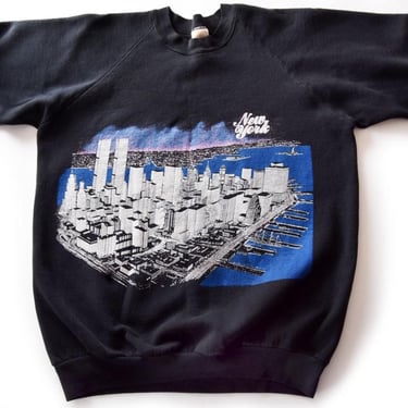 80's Black Sweatshirt New York City TWIN TOWERS Hanes XL Crew neck Pullover, T shirt, Long Sleeves, 1980's Vintage, Extra Large 