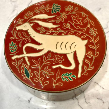 Vintage Enamel Deer Brass Trinket Round Box_Red and White Enamel Keepsake Storage or Jewelry Box by LeChalet