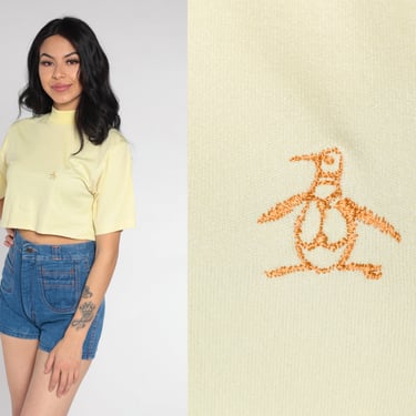 70s Crop Top Pale Yellow Munsingwear Shirt Retro Mod Mock Neck Embroidered Penguin Plain Preppy Cropped Casual Blouse Vintage 1970s Small S 