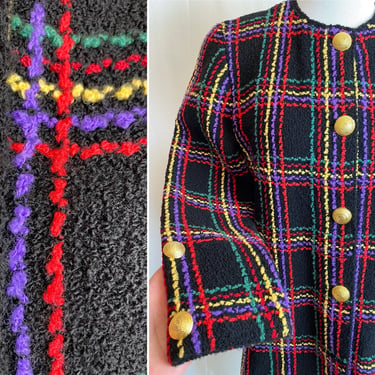 80’s black knit blazer bold colorful pinstripe plaid ~chunky gold buttons Nubby jacket 1980’s size Lg 