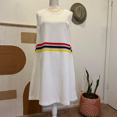 Vintage 70s White Knit Retro Primary Color Striped Sleeveless Knee Length Dress 