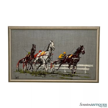 Mid-Century Sam Savitt Horse Jockey Linen Painting Wall Art - 32 x 20