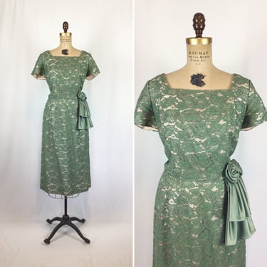 Vintage 50s dress | Vintage myrtle green lace party dress | 1950's wiggle cocktail dress 
