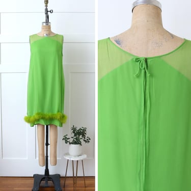 vintage 1960s lime green chiffon party dress • feather trim sleeveless shift dress • as-is 