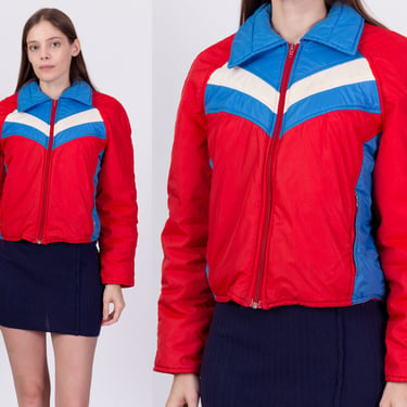 70s 80s Striped Color Block Ski Jacket - Small to Petite Medium | Vintage Montgomery Ward Lightweight Puffy Winter Coat 