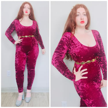 1990s Vintage Bordeaux Crushed Velvet Catsuit / 90s Spandex Maroon Long Sleeve Stretch Jumpsuit  / Large - XL 