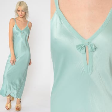 Vintage 90s Silk Nightgown Seafoam Green Slip Dress Keyhole Bow Detail Lingerie Vintage 1990s Bias Cut Judith Hart Intimate Apparel Small 