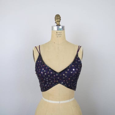 Vintage 1990s silk hand beaded bra top, cropped, sequins 