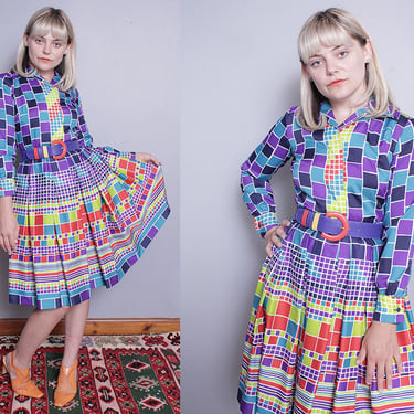 Vintage 1960's | Bright | Colorful | Check | Fit and Flare | Mod | Dress | S 