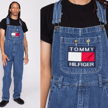 Vintage Tommy Hilfiger Patch Overalls - Men's Large | 90s Dark Wash Denim Workwear Dungarees 