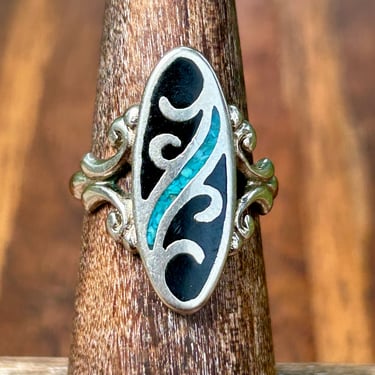 Turquoise Chip And Black Enamel Ring Vintage Retro Jewelry Native American 