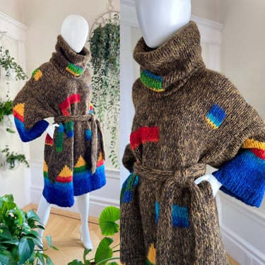 Vintage 1970s Sweater Dress | 70s KANSAI YAMAMOTO Rainbow Chunky Knit Wool Geometric Boxy Turtleneck Designer Dress (medium/large/x-large) 