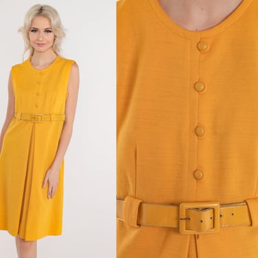Mustard Yellow Dress 60s Mod Mini Dress Wool Blend Shift Dress Sleeveless Belted Empire Waist Pleated Vintage 1960s Jonathan Logan Medium M 