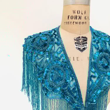 90s Vintage Turquoise Blue Beaded Fringe Shawl Wrap Burlesque Wedding Flapper Blue Metallic Beaded Vintage Fringe Collar Showgirl 