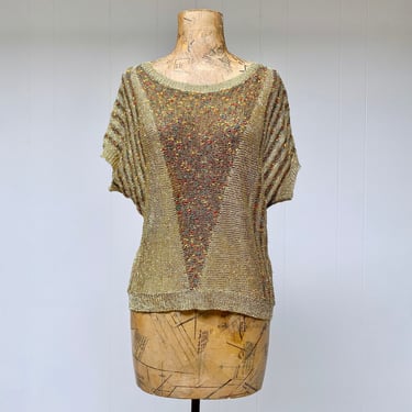 Vintage 1980s Gold Lurex Knit, 80s Slouchy, Over-sized Cap Sleeve Metallic Pullover, Studio 54 Night Clubbing, 42