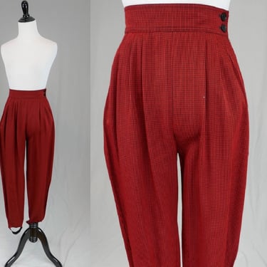 1980s Red Stretchy Stirrup Pants / 80s High Waisted Stirrups by Ivy Pleated  Cotton Poly Spandex / Medium