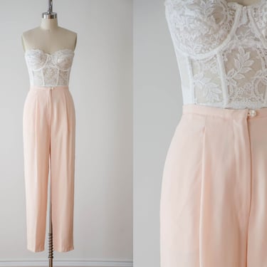 high waisted pants | 80s 90s vintage pastel peach orange pink chiffon pleated cottagecore academia trousers 
