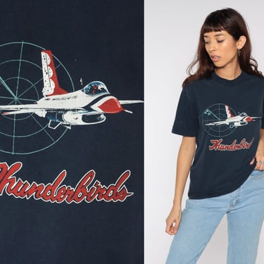 Thunderbirds T Shirt 80s Airplane Shirt US Air Force Tshirt F-16 Falcon Fighter Jet Graphic Tee Vintage 1980s Navy Blue Single Stitch Medium 