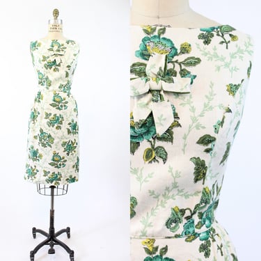 1960s linen floral wiggle dress xs small | vintage bow dress | new in 