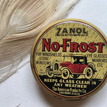 Antique Zanol No Frost Tin For Automobile Windows, Car Auto Lovers, Vintage Zanol Small Tin, Man Cave, Antique Advertising 