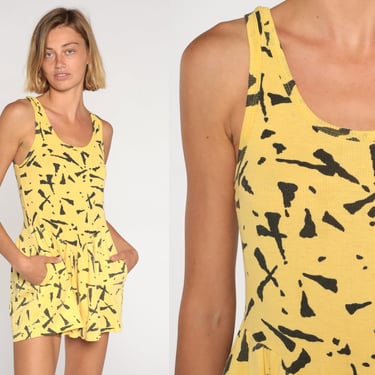 Yellow Romper 80s Playsuit Abstract Print Retro Boho Basque Waist One Piece Shorts Hipster Festival Summer Sleeveless 1980s Vintage Small S 