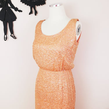 Vintage 1950's Sequin Cocktail Dress / 60s Orange Formal Dress S/M 
