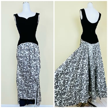 1950s Vintage Beaumelle Originals Velvet Floral Train Dress / 50s Black and White Satin Wiggle Skirt Gown / Small 