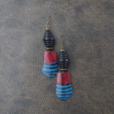 Painted bone horn earrings, African shield batik print earrings 