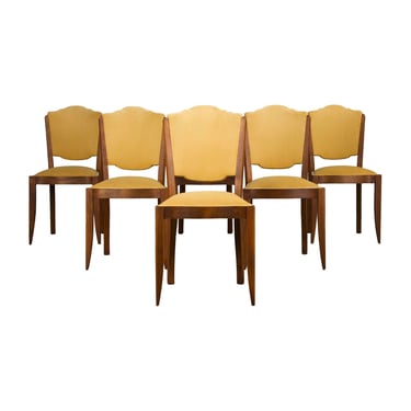 1930s French Art Deco Maple Dining Chairs W/ Curry Yellow Velvet - Set of 6 