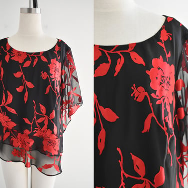 1990s/Y2K Red and Black Floral Asymmetrical Chiffon Blouse 
