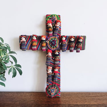 Vintage Guatemalan Textile Cross with Worry Dolls 