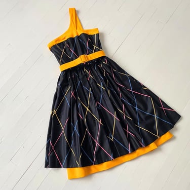 1980s One-Shoulder Party Dress – Black Cotton Diagonal Grid Print Dress, XXS/XS Vintage 