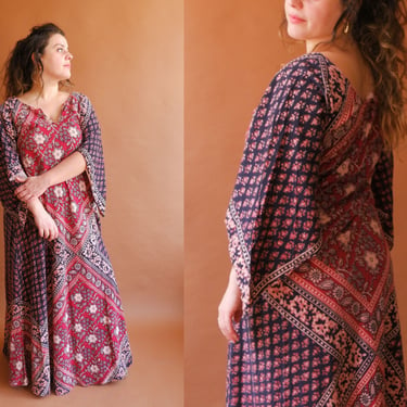 Vintage 70s Indian Cotton Block Print Maxi Dress/ 1970s Handkerchief Hem Hippie Kaftan/ Size XL Plus size 