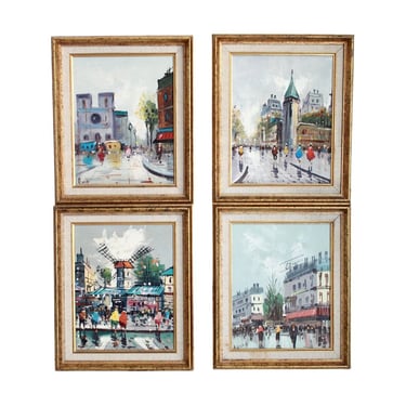 Series Set of 4 SIGNED Rocco Mid Century Framed Oil on Canvas Parisian City Scenes - Mid Century Artwork - French Impressionist Painting 