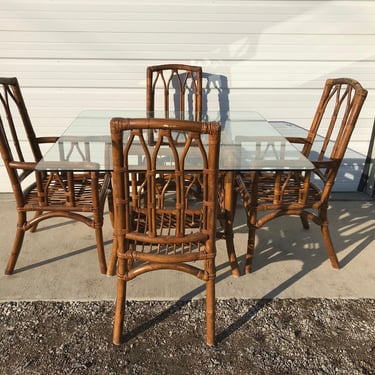 Dining Set Rattan Faux Bamboo Chairs Table 6pc Hollywood Regency Chinese Chippendale Coastal Bohemian Boho Chic Wood Vintage Kitchen Wicker 