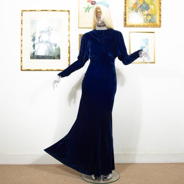 Vintage 1940s Royal Blue Velvet Evening Maxi Gown Bias Cut Glam Dress Cut Out Sleeves Size S UK 8 