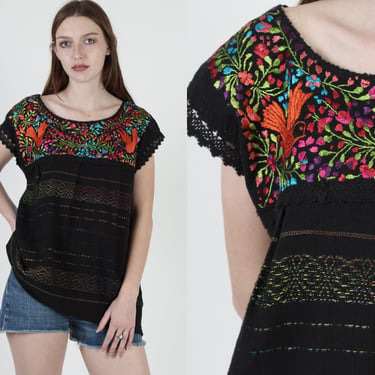 Vintage Black Mexican Top / Bright Floral Birds Embroidered Tunic / Short Sleeve Crochet Lace Top / Guatemalan Blouse Fiesta Festival Top 