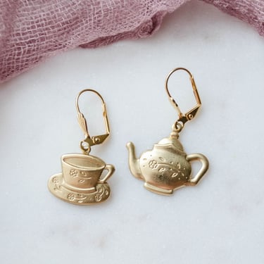 gold teapot earrings, cute cottagecore jewelry, delicate dainty vintage teacup charm earrings, unique gift for her 