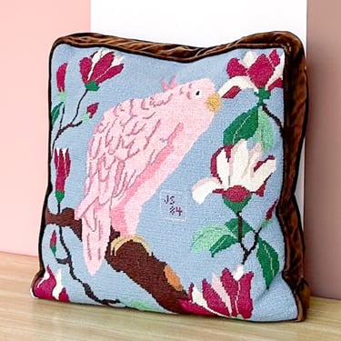 Pink Parrot Needlepoint Pillow