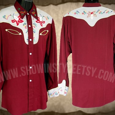 Prior Denver Vintage Western Men's Cowboy Shirt, Wine Color with Embroidered Chainstitched Floral Designs, Approx. Medium (see meas. photo) 