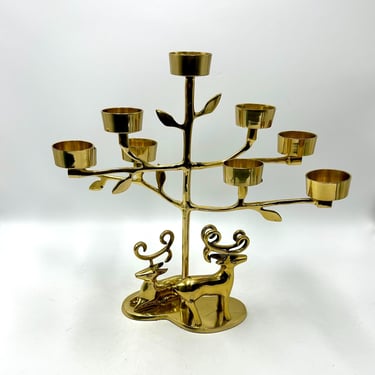 Vintage Brass Reindeer Deer Candelabra, Candle Holder, 9 Tea Light, Tealite, Votive, Antler Holders, Retro Holiday, Christmas 