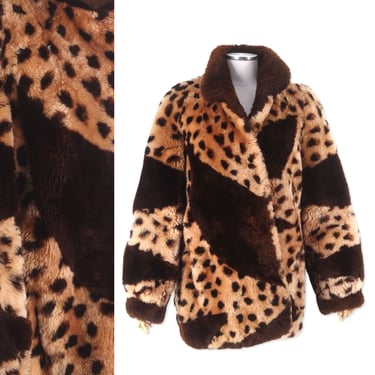 70s shearling coat womens size large, vintage 1970s Leopard Cheetah Print, mouton Fur jacket Glam Rock Disco 