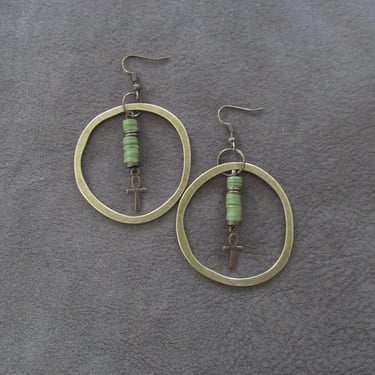 Bronze ankh hoop earrings, green 