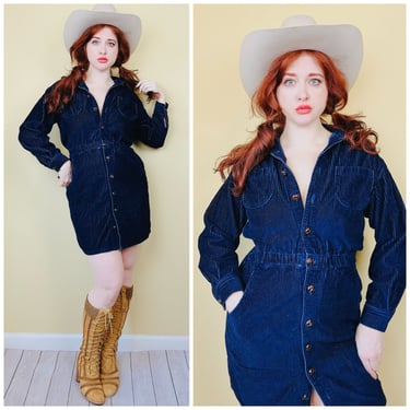 1980s Vintage Fads Navy Blue Corduroy Dress / 80s Cotton Long Sleeve Elastic Cotton Dress / Size Medium Petite 