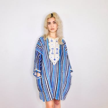Hand Woven Dress // vintage 70s 1970s Indian beach tunic boho hippie mini striped blue white hippy 70's // O/S 