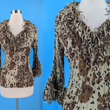 Vintage Y2K Small Jaiper Leopard Crinkle 3/4 Sleeve Top with Fringed Ruffle Collar and Cuffs 